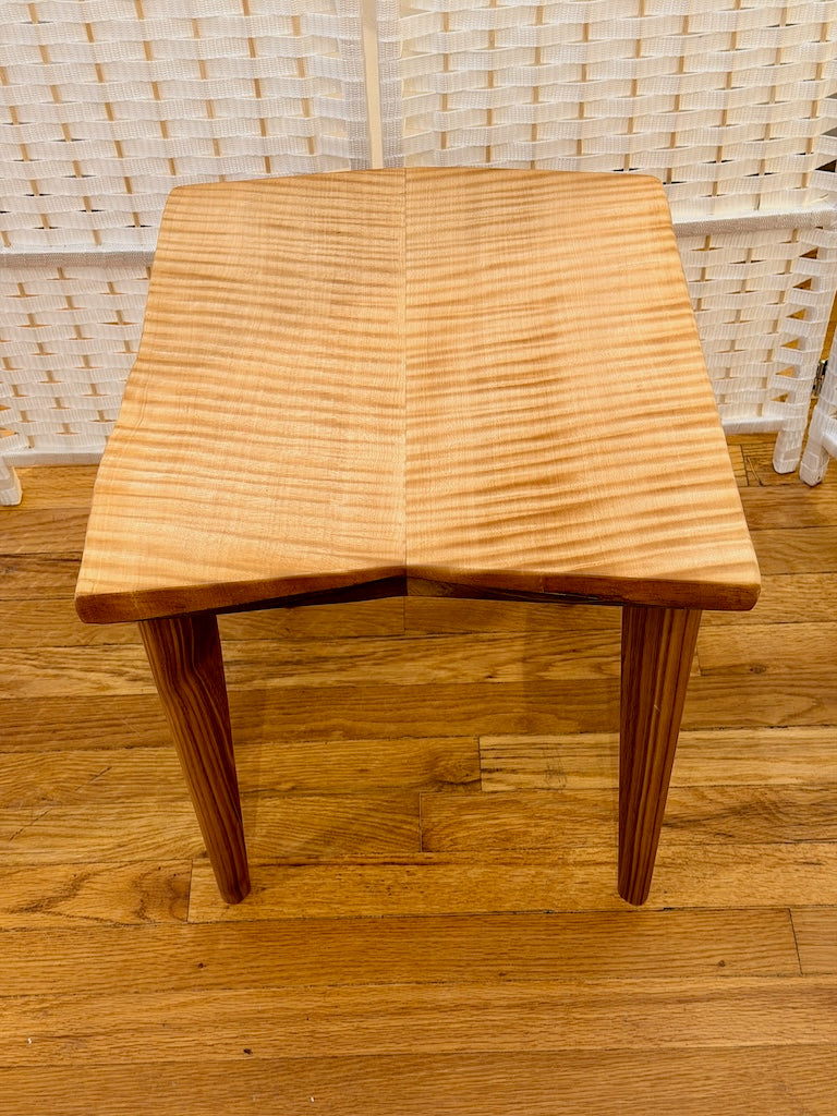 BOOKMATCHED TIGER MAPLE TABLE WITH WALNUT LEGS