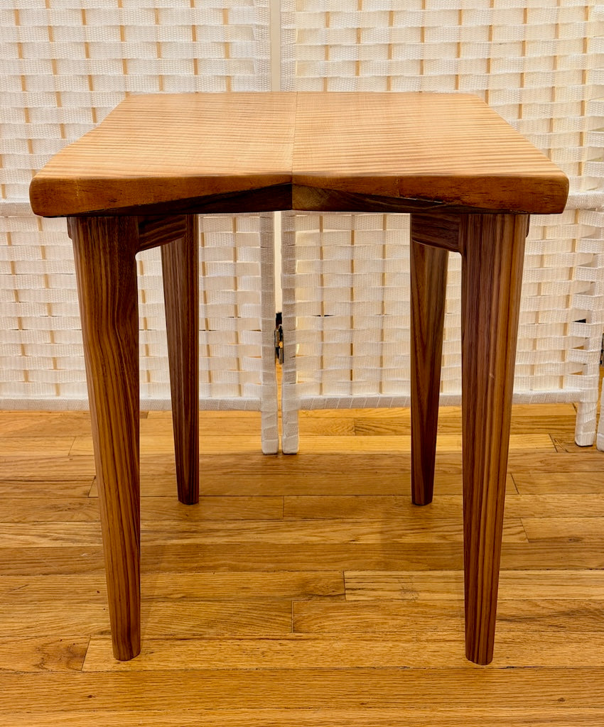 BOOKMATCHED TIGER MAPLE TABLE WITH WALNUT LEGS