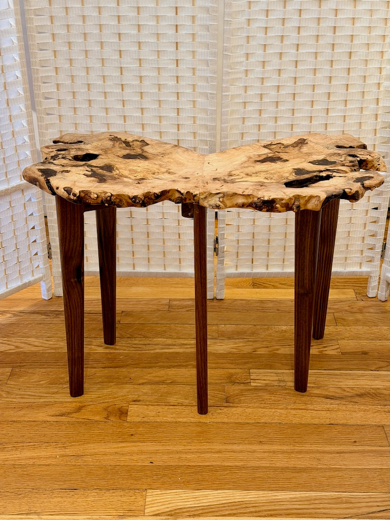 BOOKMATCHED MAPLE BURL WING TABLE WITH WALNUT LEGS