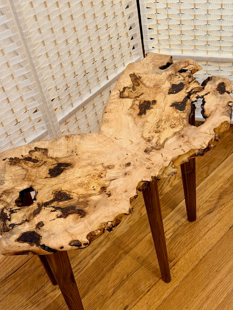 BOOKMATCHED MAPLE BURL WING TABLE WITH WALNUT LEGS