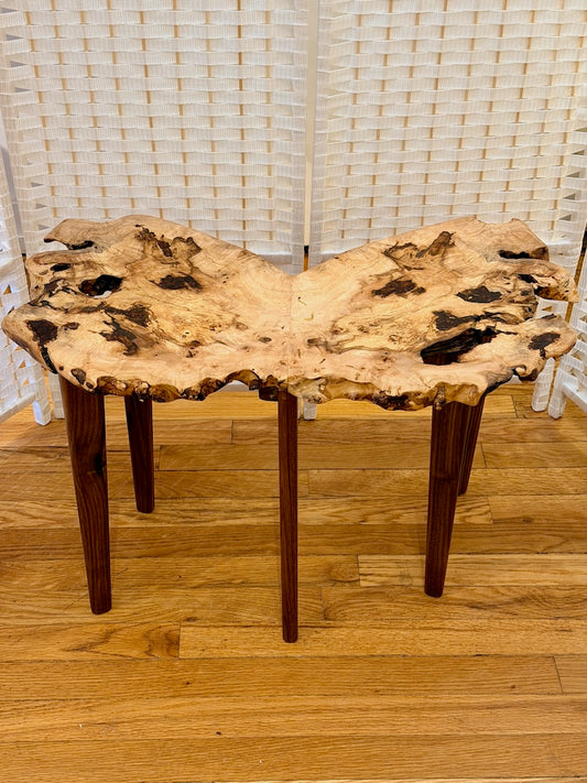 BOOKMATCHED MAPLE BURL WING TABLE WITH WALNUT LEGS