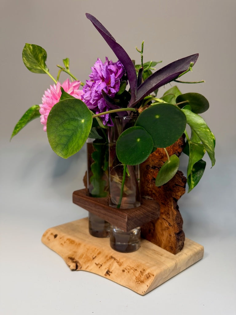 CHERRY BURL ON MAPLE BASE AND WALNUT SHELF DOUBLE TUBE ROOTER