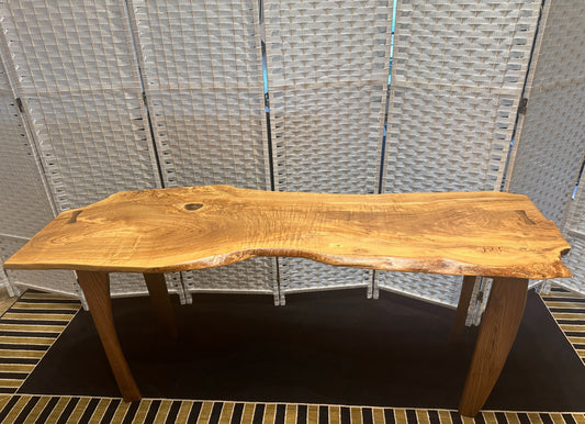 ITALIAN OLIVE WOOD COFFEE TABLE W/SHAPED WALNUT LEGS