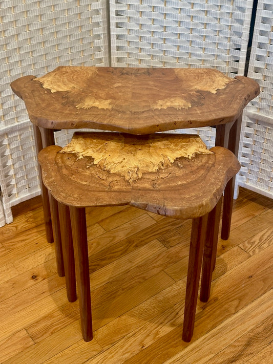 BOOKMATCHED MAPLE BURL NESTING TABLES W/WALNUT LEGS