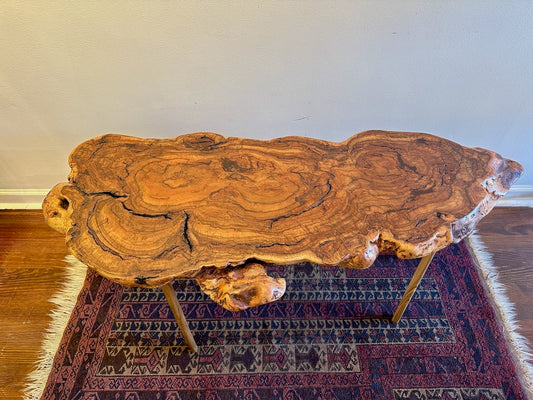 RED OAK BURL COFFEE TABLE WITH AMBROSIA MAPLE LEGS