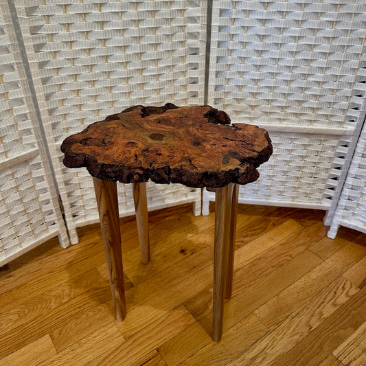 SMALL CHERRY BURL TABLE WITH AMBROSIA MAPLE LEGS