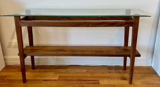 WALNUT HALL TABLE WITH BEVELED GLASS TOP