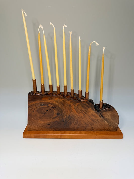 WALNUT MENORAH ON CHERRY BASE