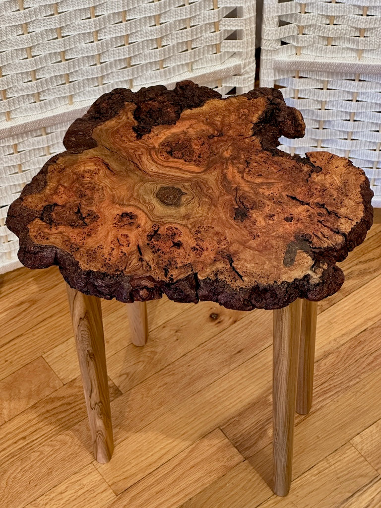 SMALL CHERRY BURL TABLE WITH AMBROSIA MAPLE LEGS