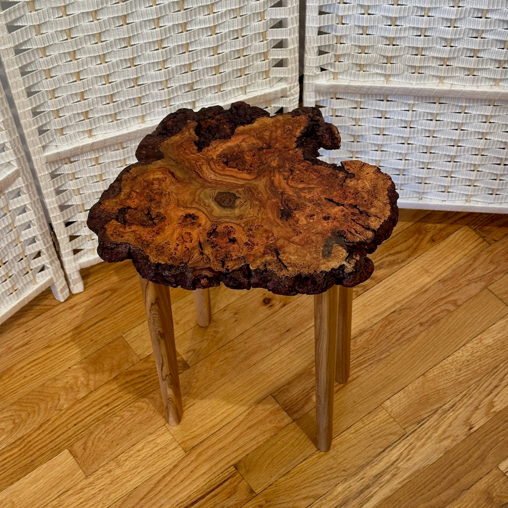 SMALL CHERRY BURL TABLE WITH AMBROSIA MAPLE LEGS