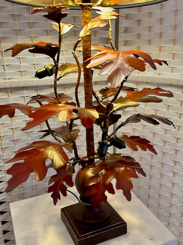 RED GINKGO HAND FORGED METAL LAMP WITH BLACK SHADE