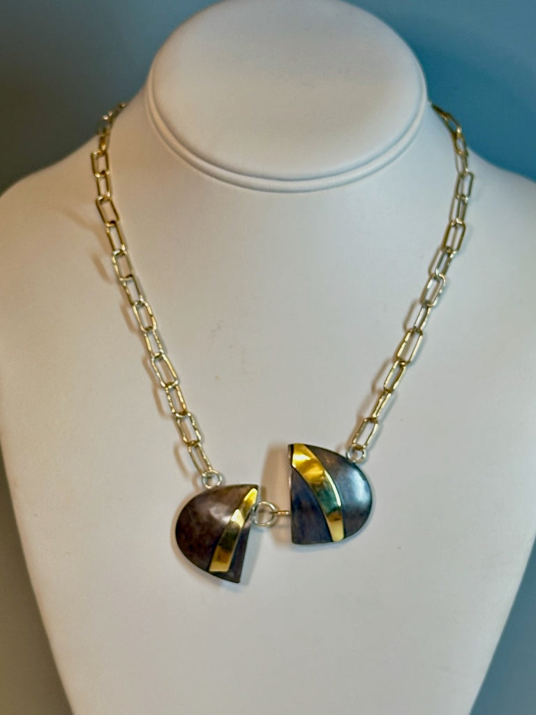 OXIDIZED STERLING SILVER WITH 18K AND  14K GOLD  NECKLACE WITH HANDMADE CHAIN MB188