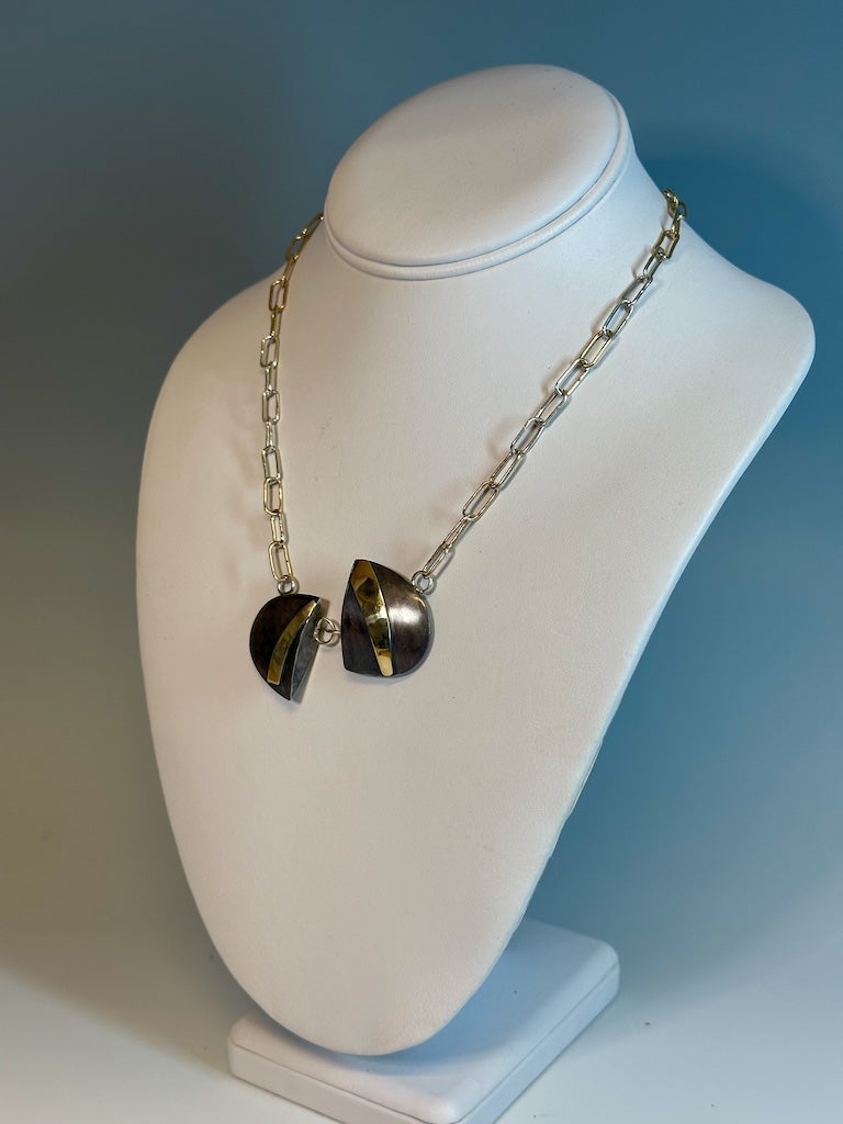 OXIDIZED STERLING SILVER WITH 18K AND  14K GOLD  NECKLACE WITH HANDMADE CHAIN MB188