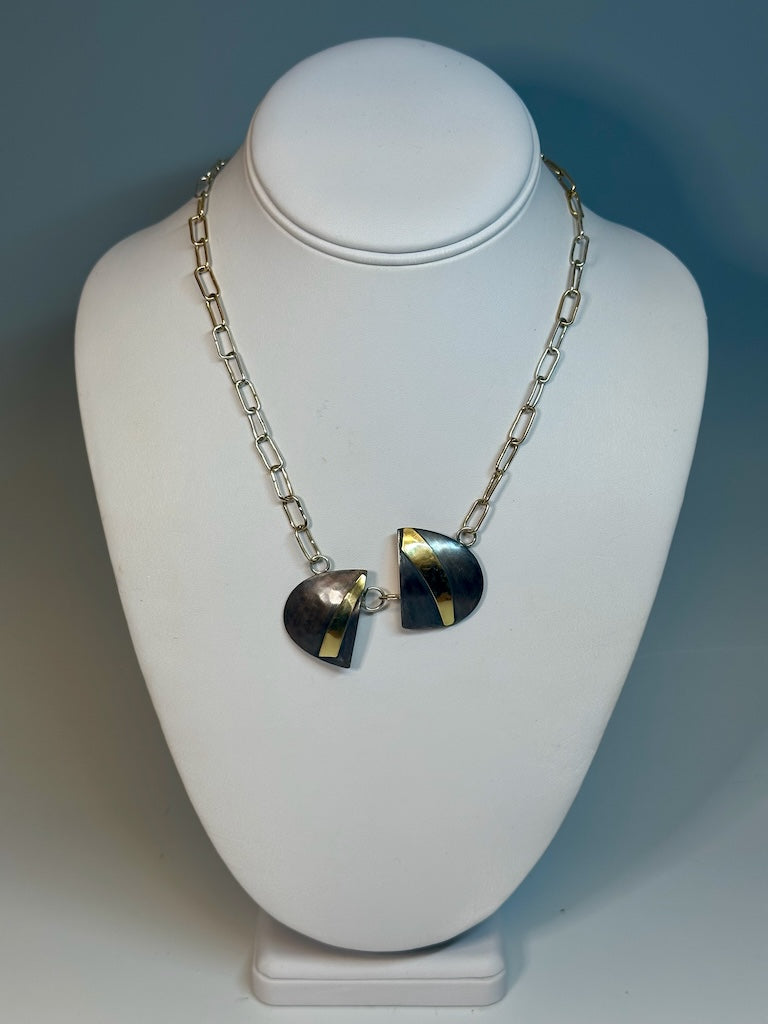 OXIDIZED STERLING SILVER WITH 18K AND  14K GOLD  NECKLACE WITH HANDMADE CHAIN MB188