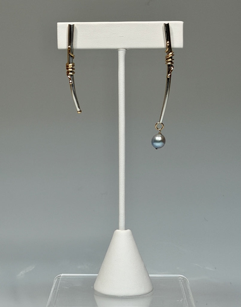 ASYMMETRICAL STERLING SILVER WITH 14K GOLD WRAP AND BLUE PEARL EARRINGS MB194