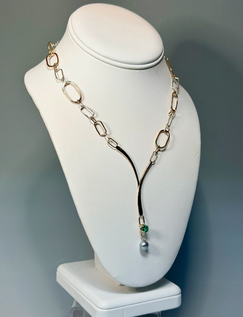 14K GOLD HANDMADE NECKLACE FORGED WITH LAB EMERALD & PEARL MB209N