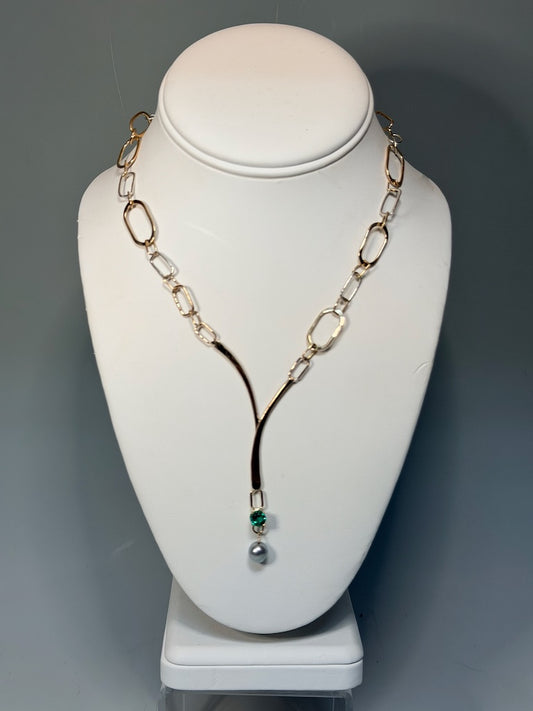 14K GOLD HANDMADE NECKLACE FORGED WITH LAB EMERALD & PEARL MB209N