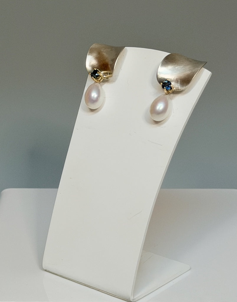 Brushed Sterling Silver "HC" Earrings with Blue Topaz and Pearls MB217E