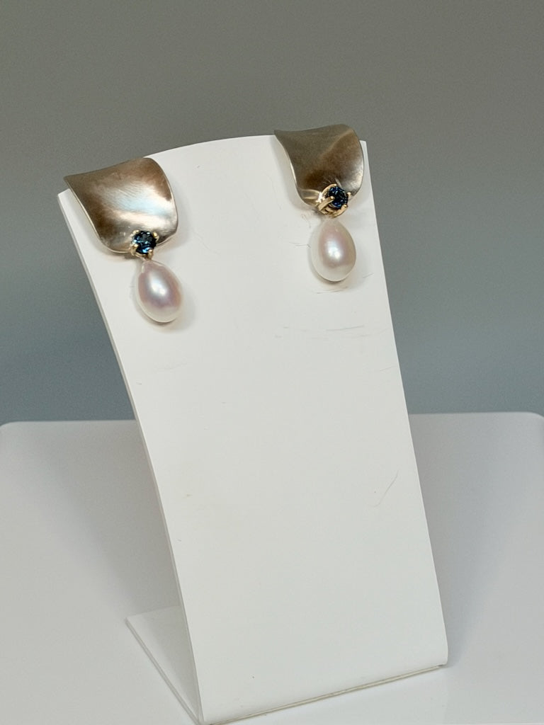 Brushed Sterling Silver "HC" Earrings with Blue Topaz and Pearls MB217E