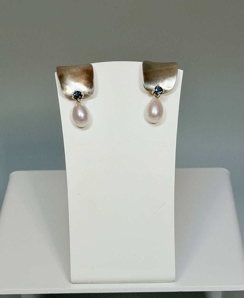 Brushed Sterling Silver "HC" Earrings with Blue Topaz and Pearls MB217E