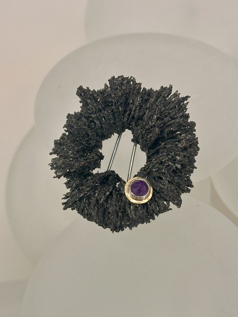 IRON MAGNETIC BROOCH WITH STERLING SILVER, 18K FAIR TRADE GOLD AND SCOTTISH AMETHYST MC8