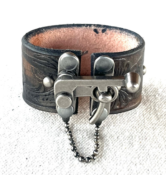 OLIVE LEATHER BADASS CUFF WITH ANTIQUE NICKEL SWING CLASP MMBC1