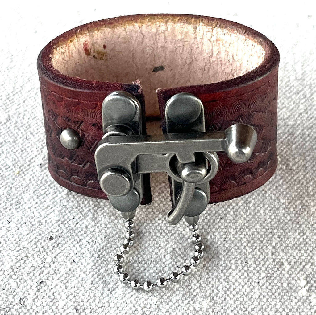 RED LEATHER BADASS CUFF WITH ANTIQUE NICKEL SWING CLASP MMBC3