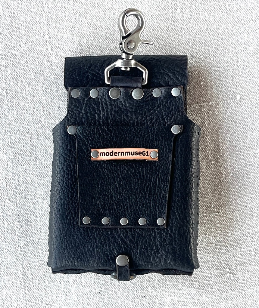 BLACK LEATHER CELL PHONE CASE WITH ANTIQUE NICKEL PADLOCK CLASP MMCC1