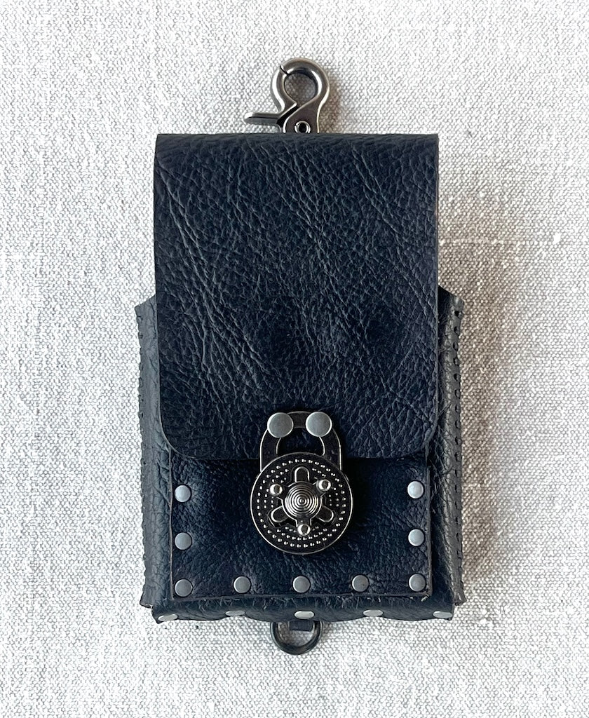 BLACK LEATHER CELL PHONE CASE WITH ANTIQUE NICKEL PADLOCK CLASP MMCC1