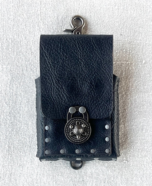 BLACK LEATHER CELL PHONE CASE WITH ANTIQUE NICKEL PADLOCK CLASP MMCC1