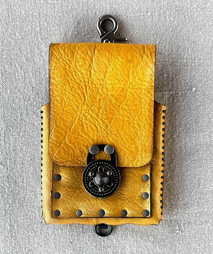 YELLOW LEATHER CELL PHONE CASE WITH ANTIQUE NICKEL PADLOCK CLASP MMCC2