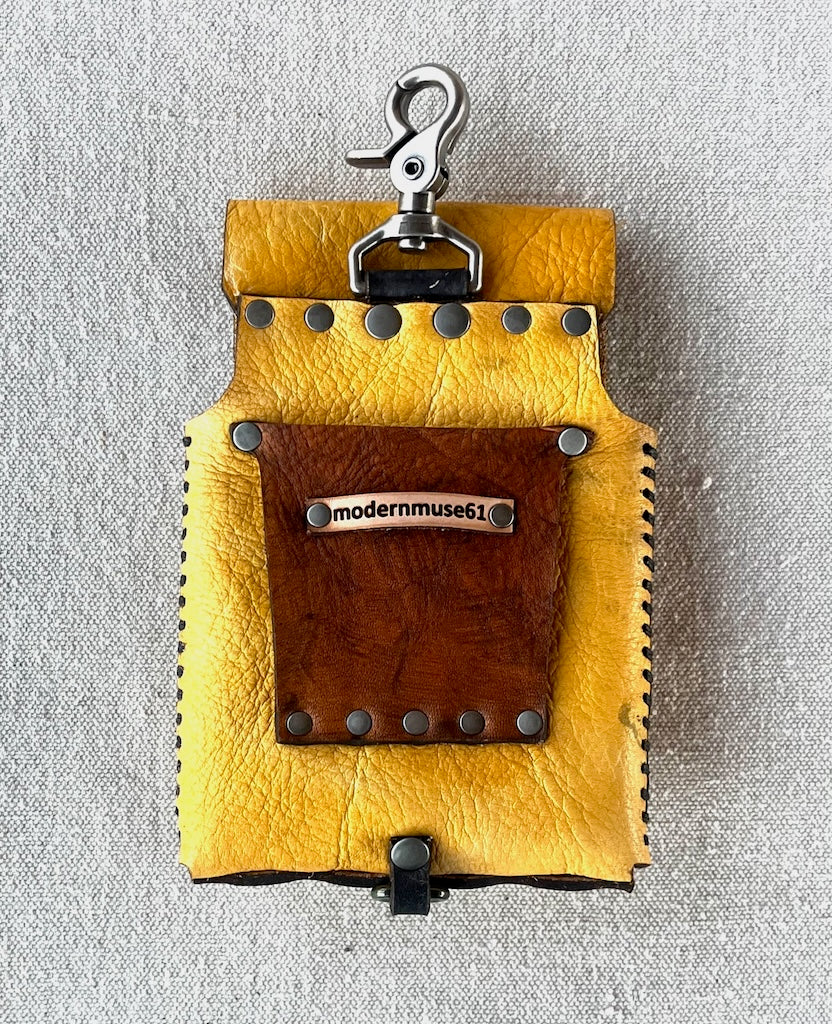 YELLOW LEATHER CELL PHONE CASE WITH ANTIQUE NICKEL PADLOCK CLASP MMCC2