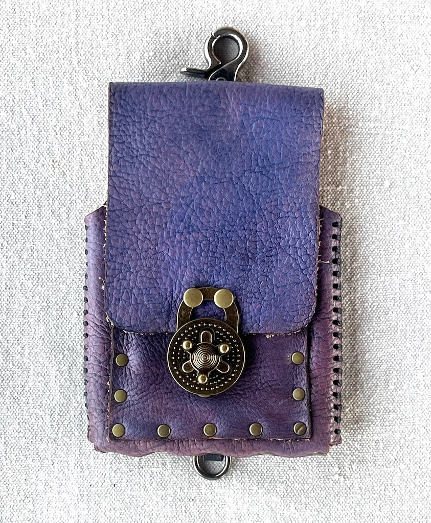 PURPLE LEATHER CELL PHONE CASE WITH ANTIQUE NICKEL PADLOCK CLASP MMCC3
