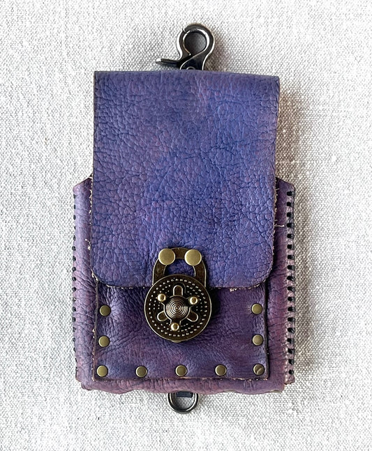 PURPLE LEATHER CELL PHONE CASE WITH ANTIQUE NICKEL PADLOCK CLASP MMCC3