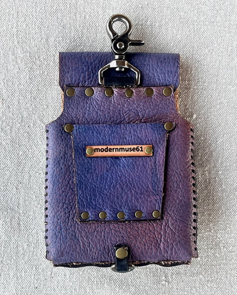 PURPLE LEATHER CELL PHONE CASE WITH ANTIQUE NICKEL PADLOCK CLASP MMCC3