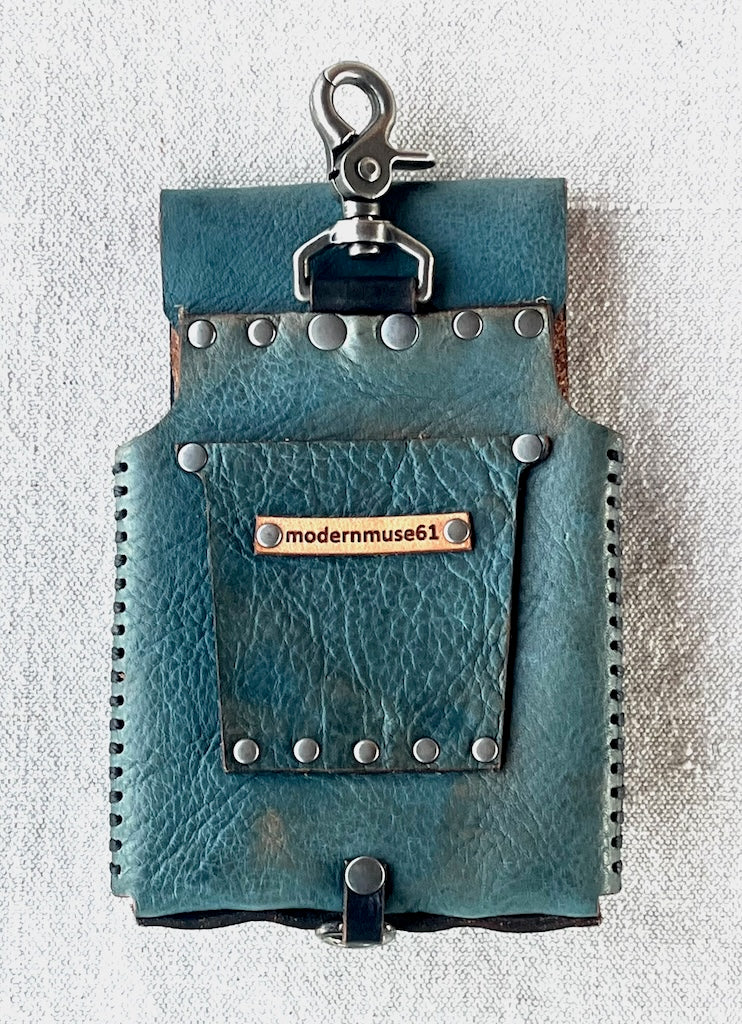 TEAL LEATHER CELL PHONE CASE WITH ANTIQUE NICKEL PADLOCK CLASP MMCC4