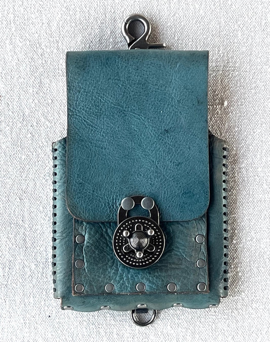 TEAL LEATHER CELL PHONE CASE WITH ANTIQUE NICKEL PADLOCK CLASP MMCC4