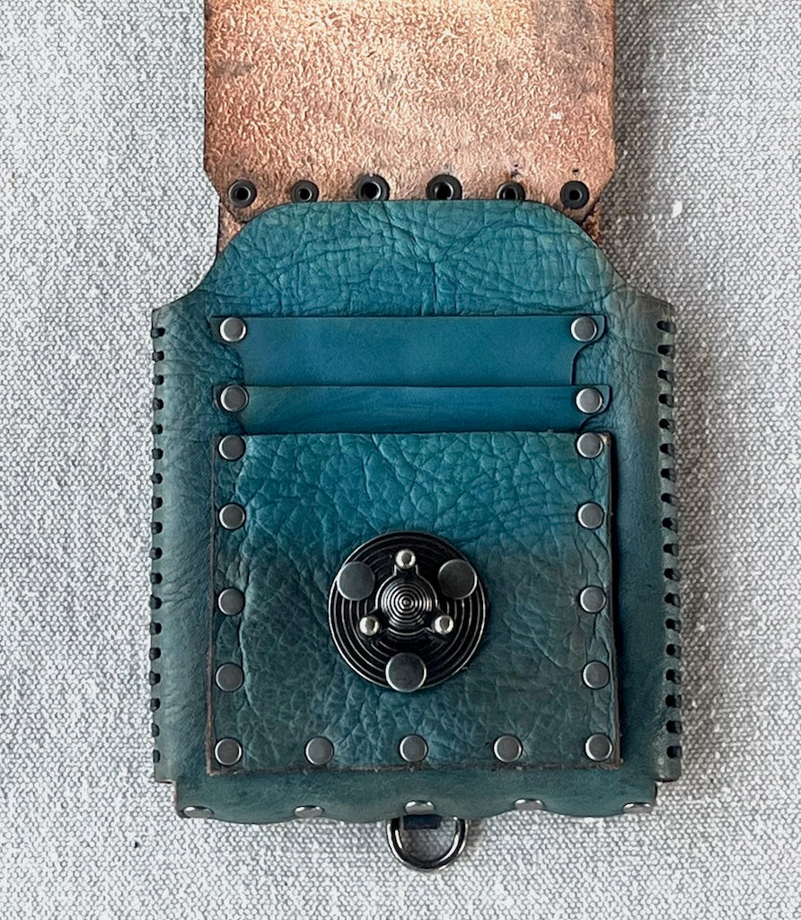 TEAL LEATHER CELL PHONE CASE WITH ANTIQUE NICKEL PADLOCK CLASP MMCC4