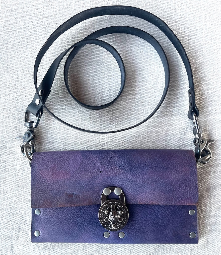 PURPLE LEATHER RENEGADE PURSE WITH ANTIQUE NICKEL PADLOCK CLASP MMRP2