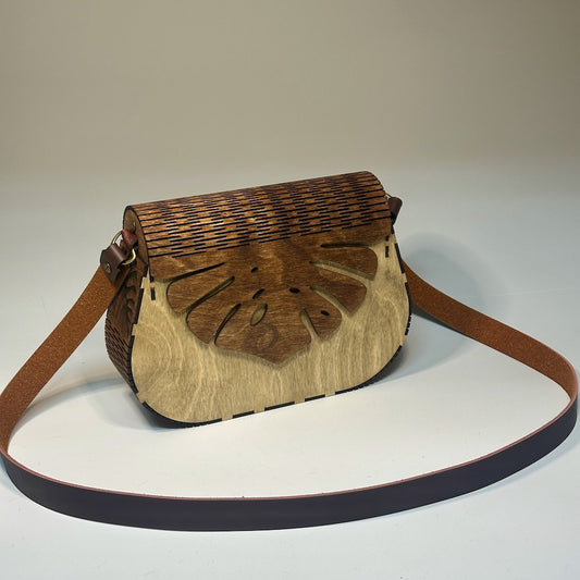 CUSTOM BUILT WOODEN PURSE WITH BROWN LEATHER STRAP MN112P