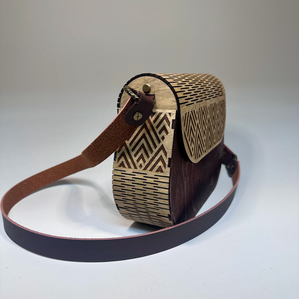 CUSTOM BUILT WOODEN PURSE WITH BROWN LEATHER  DOUBLE STRAP WITH BRAIDED BRONZE RINGS  MN113P