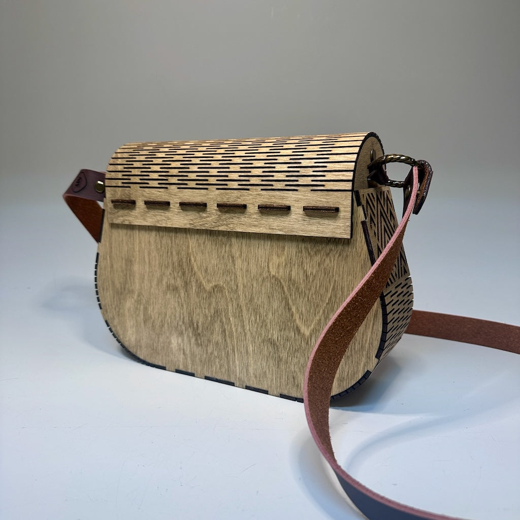 CUSTOM BUILT WOODEN PURSE WITH BROWN LEATHER  DOUBLE STRAP WITH BRAIDED BRONZE RINGS  MN113P