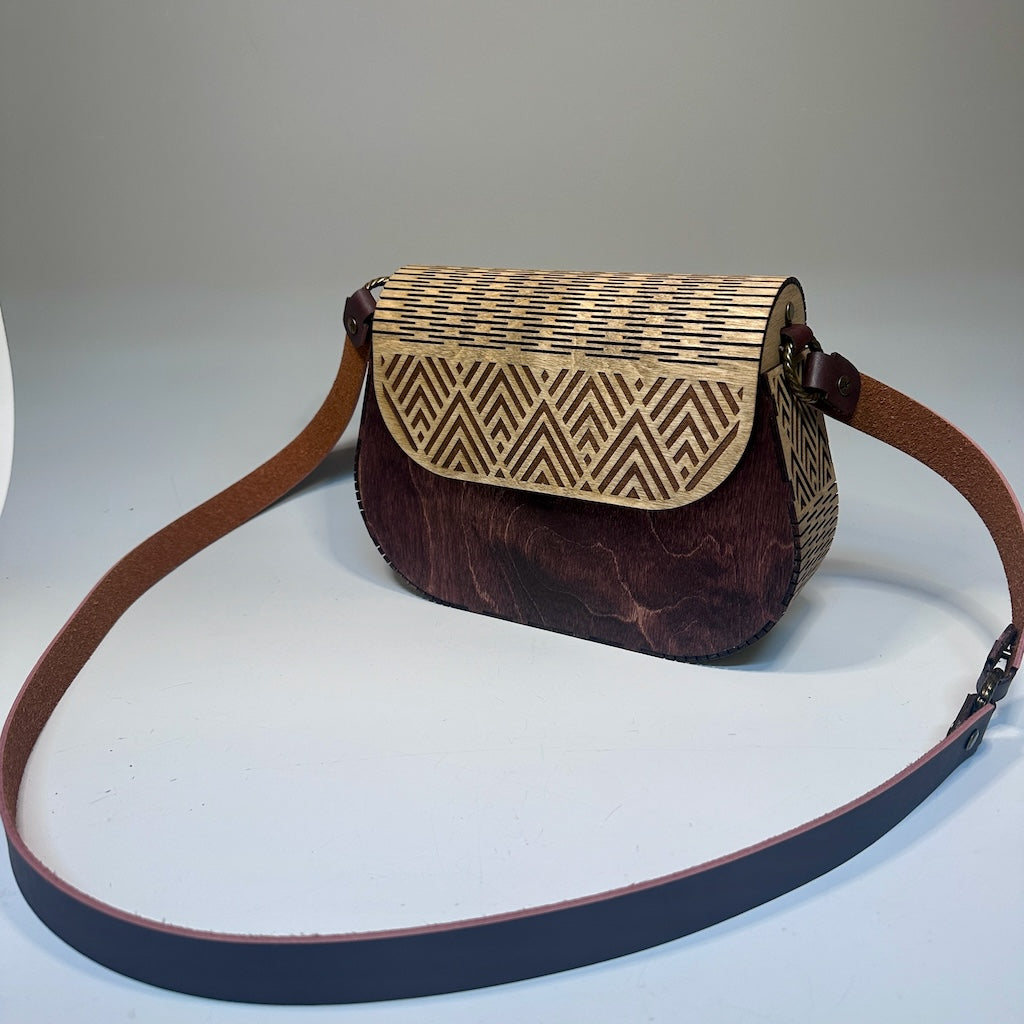 CUSTOM BUILT WOODEN PURSE WITH BROWN LEATHER  DOUBLE STRAP WITH BRAIDED BRONZE RINGS  MN113P