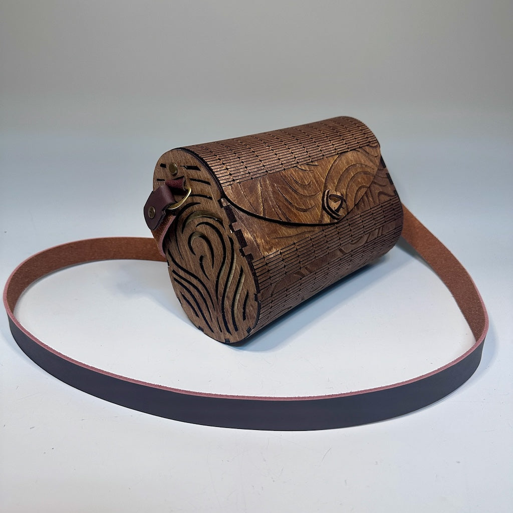CUSTOM BUILT WOODEN PURSE WITH BROWN LEATHER SINGLE STRAP WITH GOLD D RING  MN114P