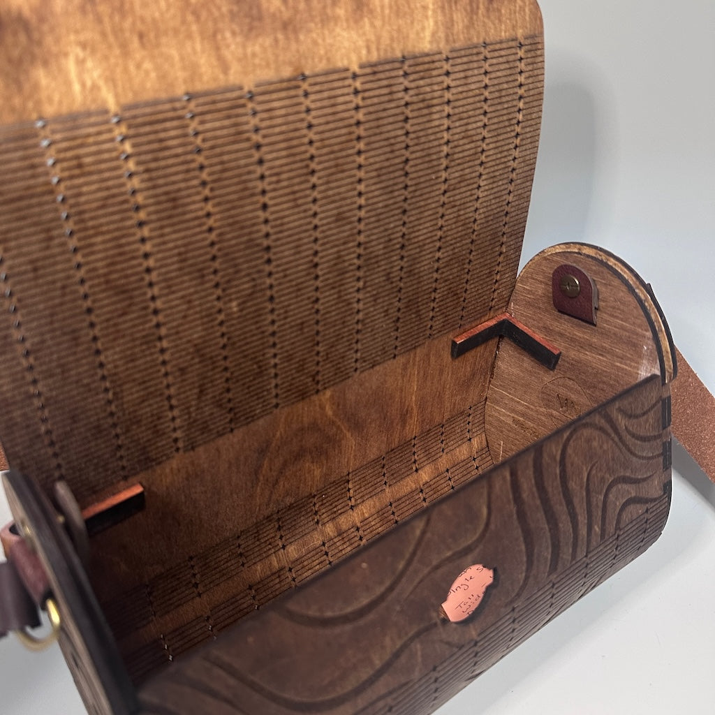 CUSTOM BUILT WOODEN PURSE WITH BROWN LEATHER SINGLE STRAP WITH GOLD D RING  MN114P