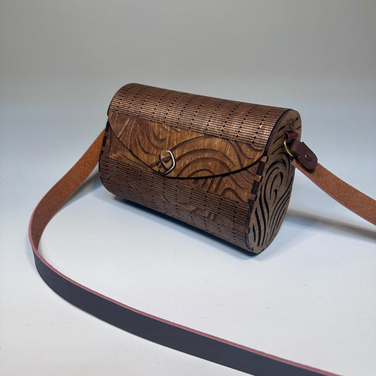 CUSTOM BUILT WOODEN PURSE WITH BROWN LEATHER SINGLE STRAP WITH GOLD D RING  MN114P