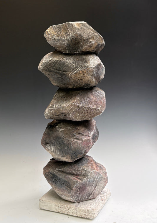 "MOONLIT CAIRN" HAND CARVED WHITE PINE WITH CHALK PAINT SCULPTURE