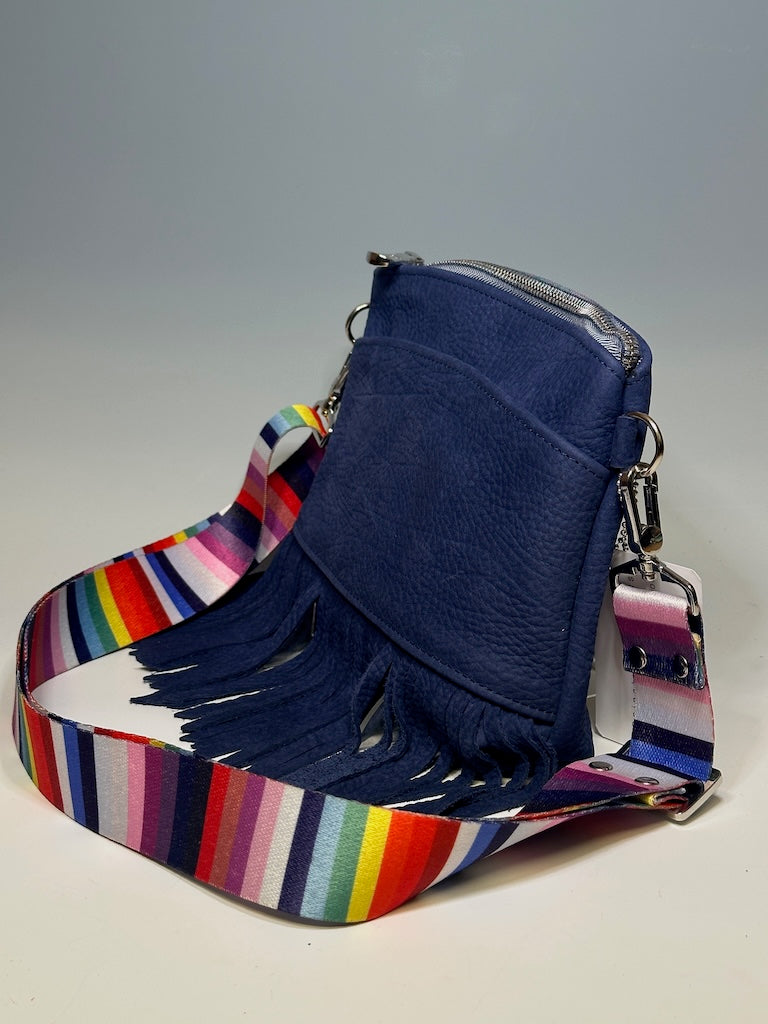 BOHO FRINGE CROSSBODY, BLUE PEBBLED LEATHER NH104