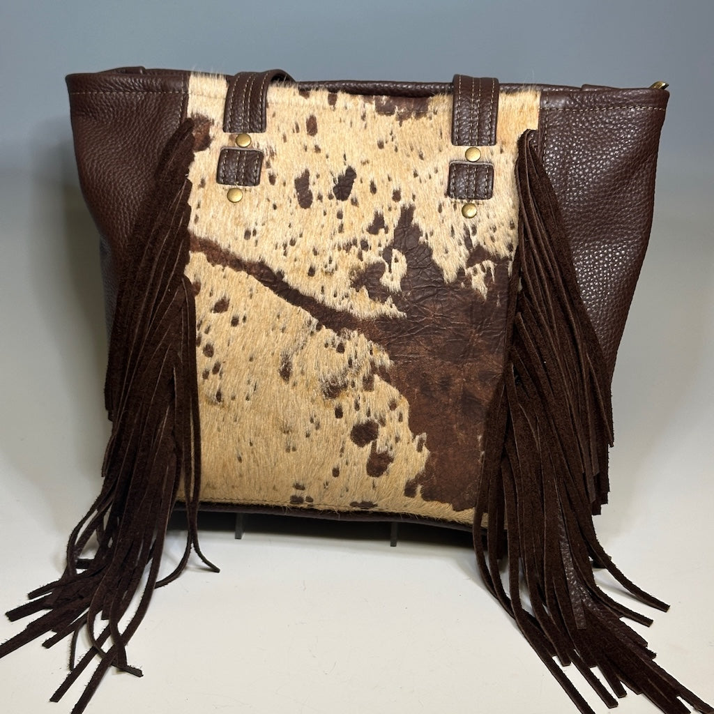 BOHO TOTE WITH LEATHER HIDE AND FRINGE DETAIL, BROWN NH114