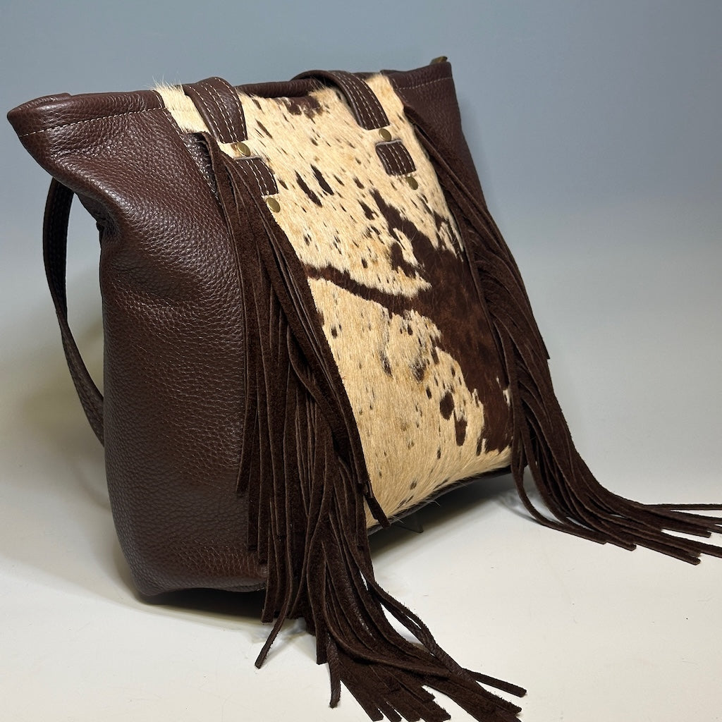 BOHO TOTE WITH LEATHER HIDE AND FRINGE DETAIL, BROWN NH114